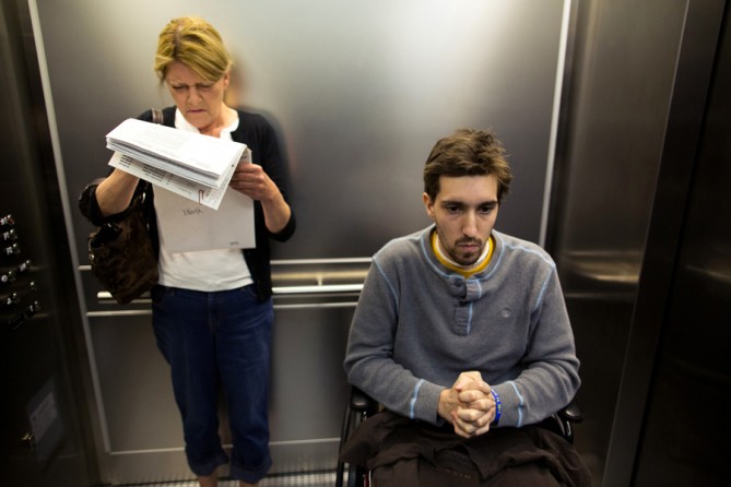 His mother, Patty, took time off work as a waitress to attend to him and navigate the paperwork associated with his treatment.  She was responsible for getting him to appointments which were scattered across Boston.  Here, he is late for an appointment to discuss different prosthetic leg options. (Josh Haner, The New York Times - May 15,2013)