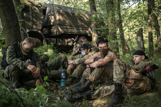 June 1, 2014. Members of a pro-Russian battalion at their training ground in Donetsk. (Sergey Ponomarev for The New York Times)