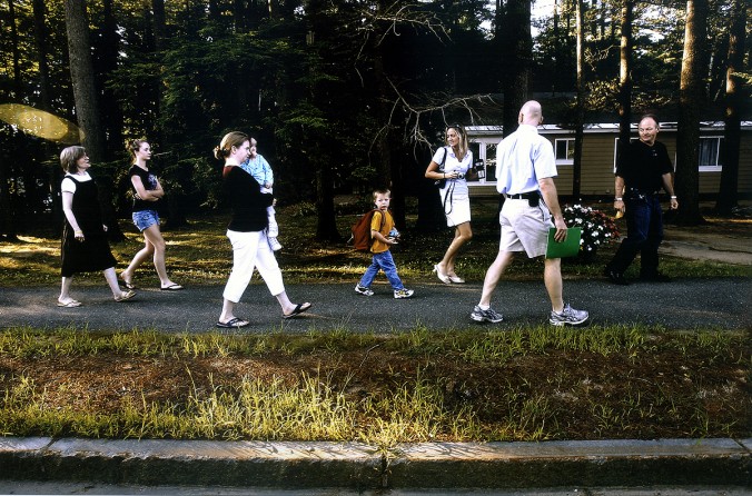 On the first day of school, the family walks EJ to Beaver Meadow Elementary School. One of Carolynne's goals was to live long enough to see EJ start kindergarten. Because she wasn't there, family members came to support him. With EJ from left to right is Carolynne's mother Kathryn Seigle, Melissa, Carolynne's sister Laura and her daughter Sofia, family friend Charity Ross, Rich, and Rich's brother Joe St. Pierre. (12/8/07)