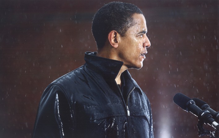 Senator Obama drenched, during a rally at Widener University in Chester, Pa.
