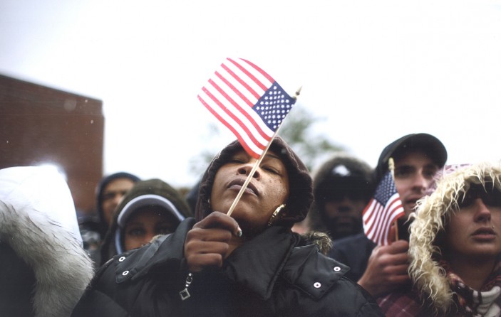 Rapt but chilly Obama supporters at a campaign rally at the Widener University in Chester, Pa.