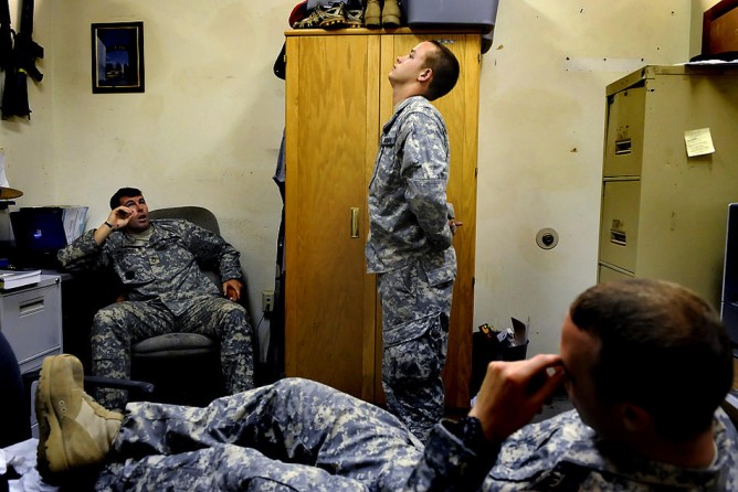 Fisher shows his frustration during a counseling session at Fort Carson with Sgt. 1st Class Joshua Weisensel on July 24, 2008.  For a second time, Fisher had returned late from a weekend home.  Now he had turned himself in for having a drug problem.  In the days to follow, Fisher's continued failure to cooperate put him in danger of getting kicked out of the Army. Instead, the commander gave him another chance, assigning him to a new platoon.  Punishment included extra duty, loss of pay and a reduction in r