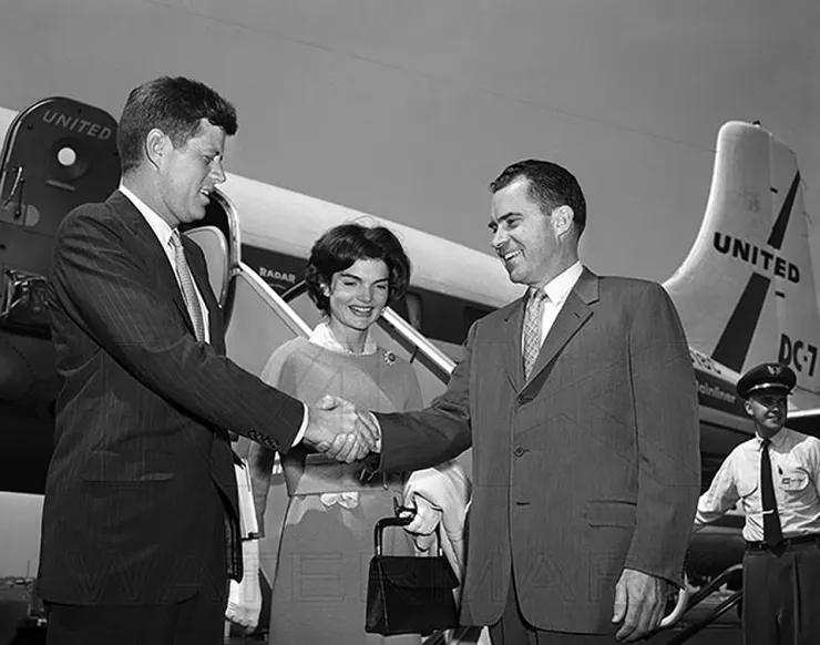 Sen. John F. and Jackie Kennedy with Vice President Nixon at Midway Airport in 1960.