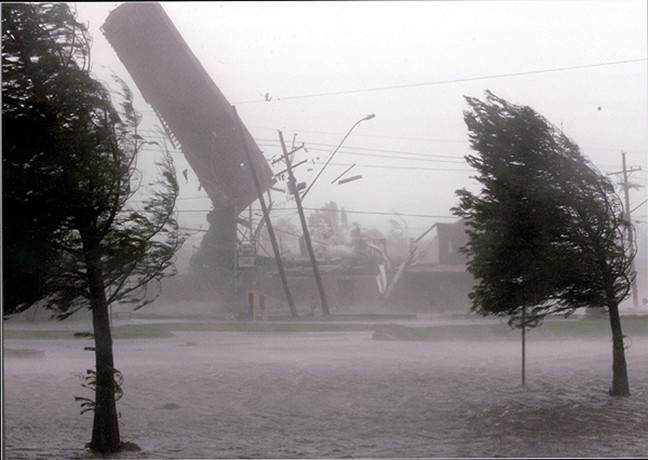 Kenner, LA -- Hurricane Katrina made landfall with a vengeance, wrenching the roof off Backyard Bar B Que, 10 miles west of New Orleans. 