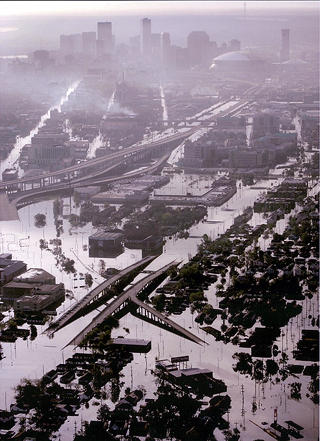 New Orleans, LA -- Highways, homes and buildings were swamped by water in a view of storm damage looking east toward downtown. 