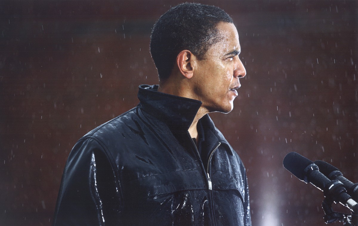 Senator Obama drenched, during a rally at Widener University in Chester, Pa.