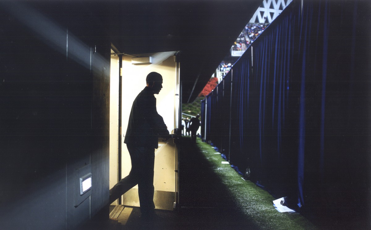 Senator Obama emerging from a holding area backstage before a rally at the University of Cincinnati. 