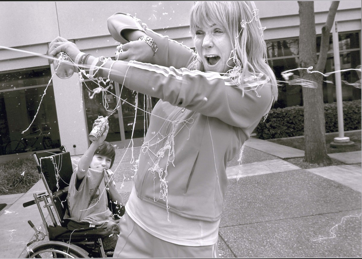 Cyndie always tries to have something at hand to take the sting out of her son, Derek's doctor appointments. On March 8 after undergoing radiation treatment, they make the most of a dollar can of Silly String - and Cyndie then meticulously cleans up every bit of the stuff from the ground. Cyndie is a big fan of the Dollar Store.