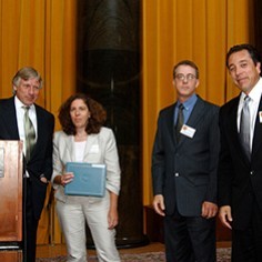 Lee Bollinger, Miriam A. Pawel, Mitchell Landsberg and Sam Enriquez